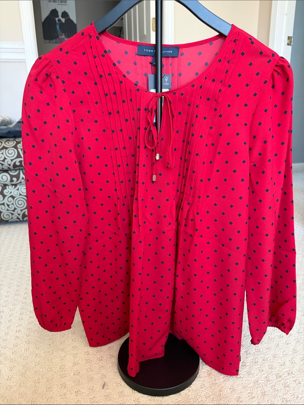 Tommy Hilfiger Red Tie-Neck Pintuck Blouse with Black Geometric Print